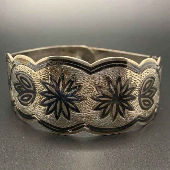 Vintage Sterling Silver Niello Hinge Cuff Bangle Boho Bracelet Flower Inlay - Picture 2 of 9